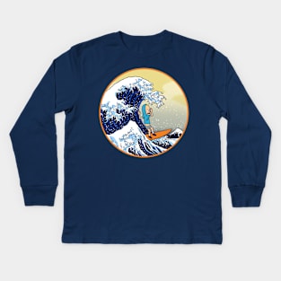 Funny Retro Japanese Great Wave Of Kanagawa Funny 90's Cartoon Kids Long Sleeve T-Shirt